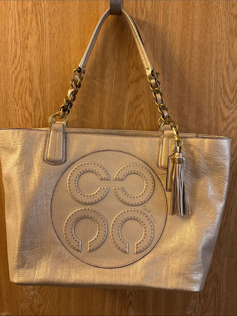Coach Colette Champagne Leather Tote Handbag with Tassel 16485